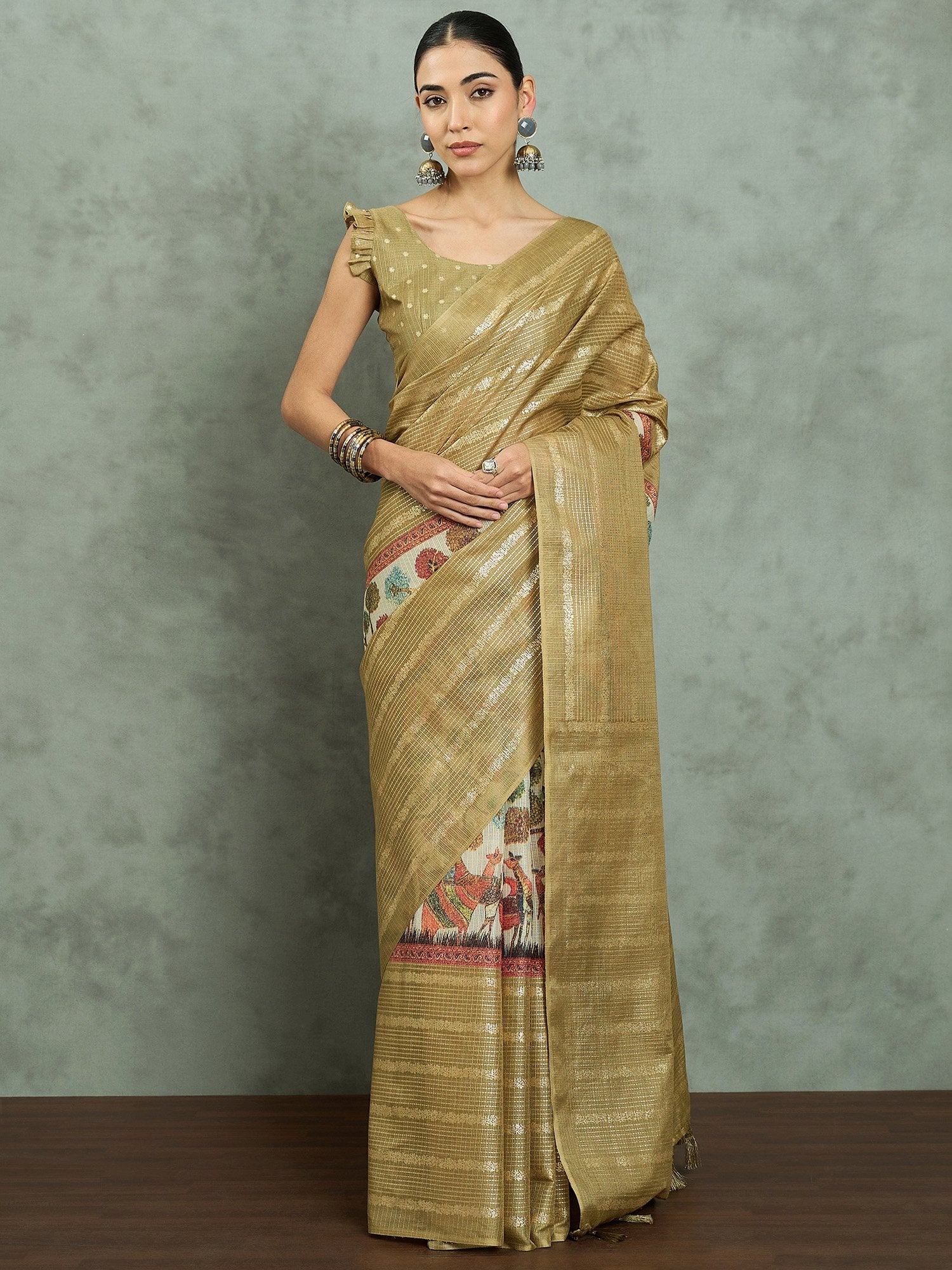 Golden Gold Block Print Kota Doria Cotton Printed Saree