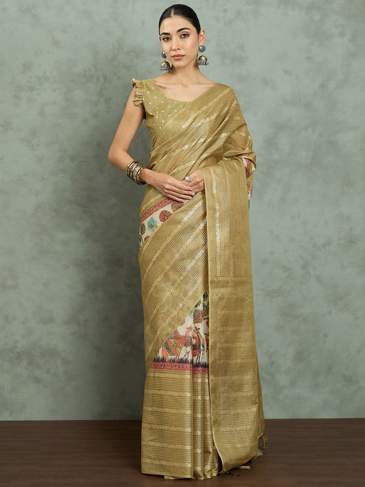 Golden Gold Block Print Kota Doria Cotton Printed Saree
