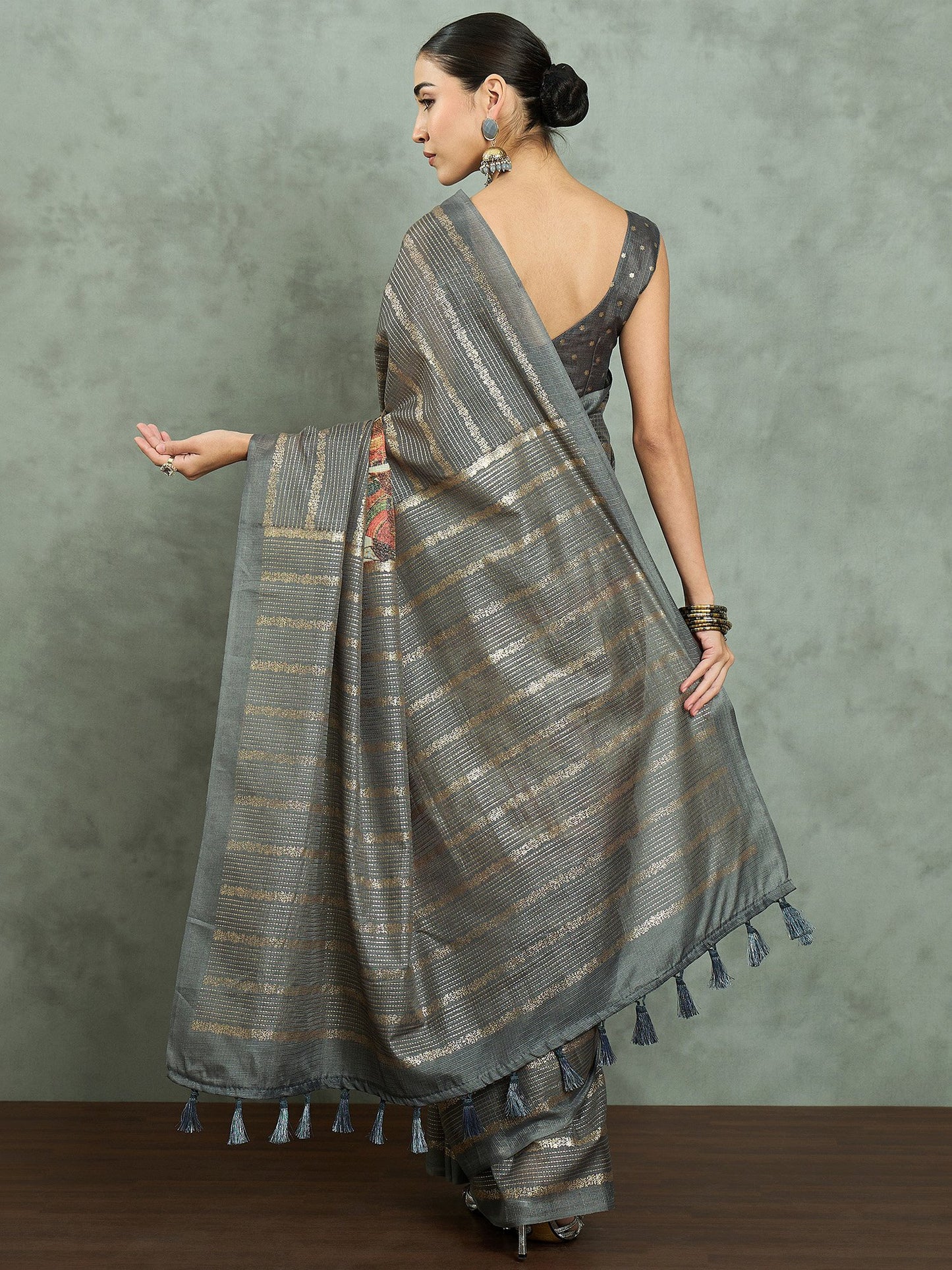 Grey Block Print Kota Doria Cotton Printed Saree