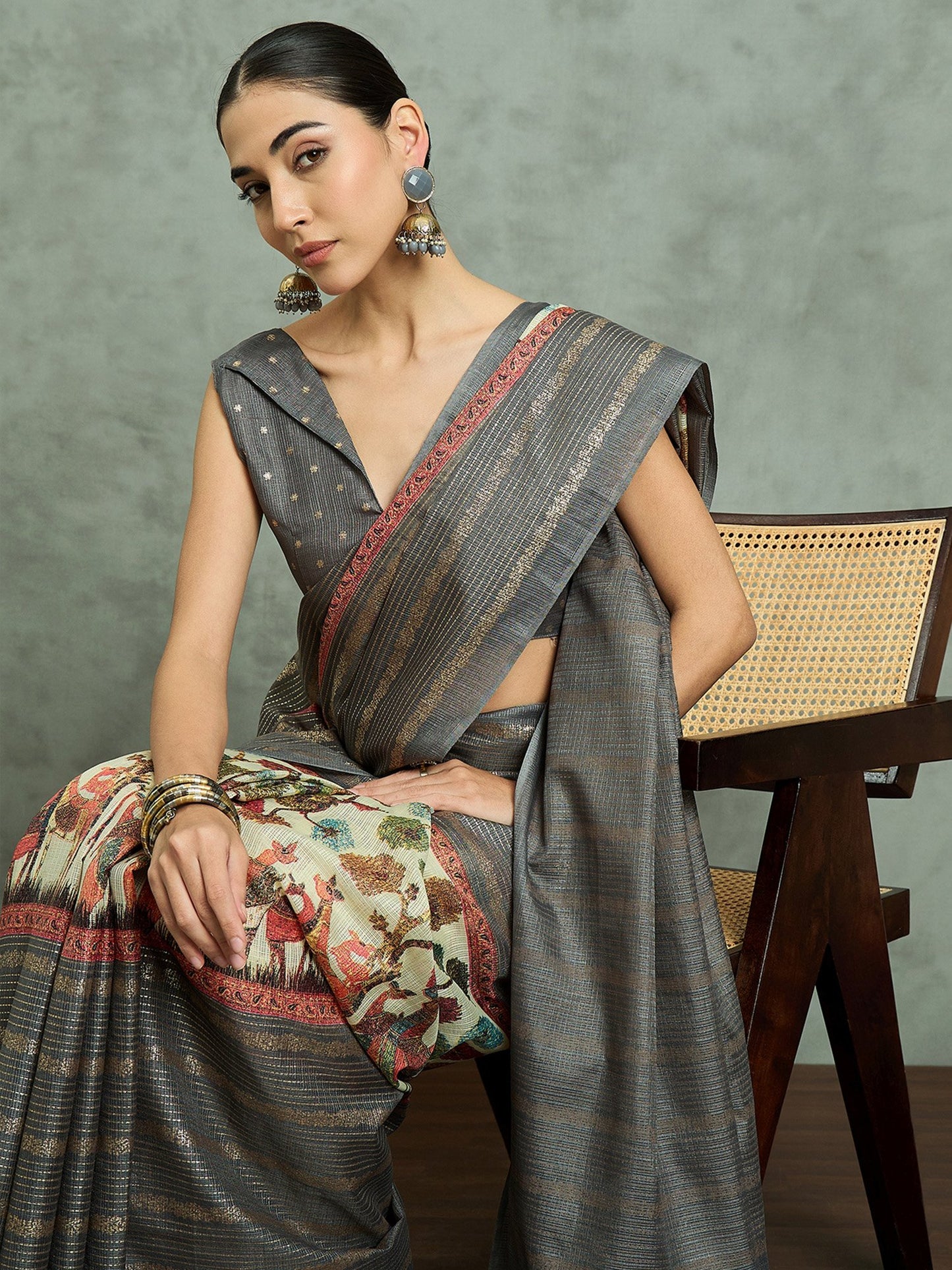 Grey Block Print Kota Doria Cotton Printed Saree