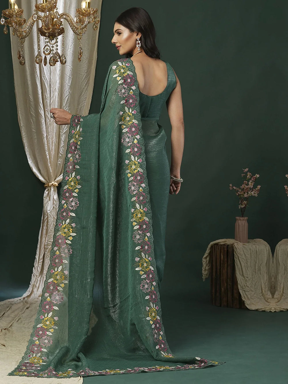 Sea Party Wear Paper Silk Embroidered Saree - The Dori Store