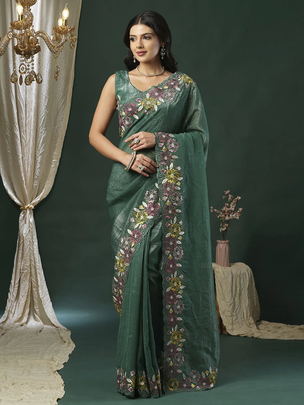 Sea Party Wear Paper Silk Embroidered Saree - The Dori Store