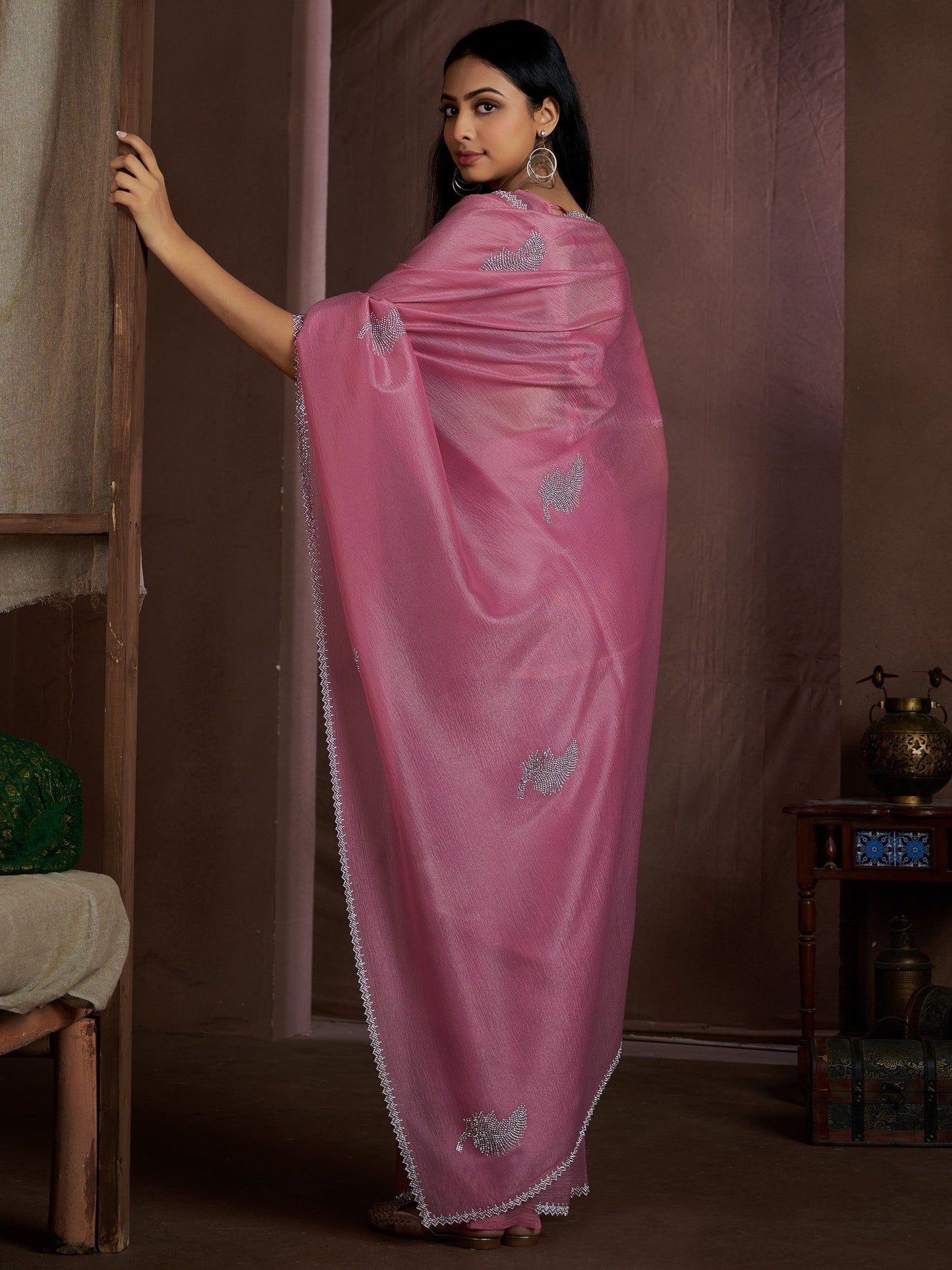 Pink Party Wear Pure Silk Embellished Saree