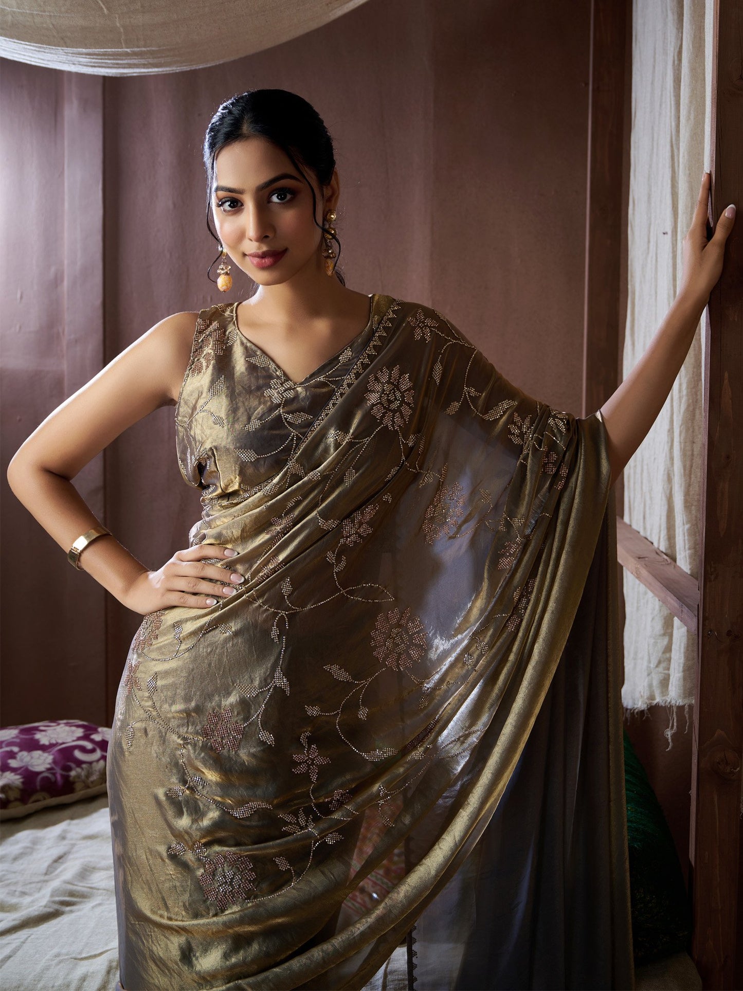 Gold Party Wear Pure Silk Embellished Saree