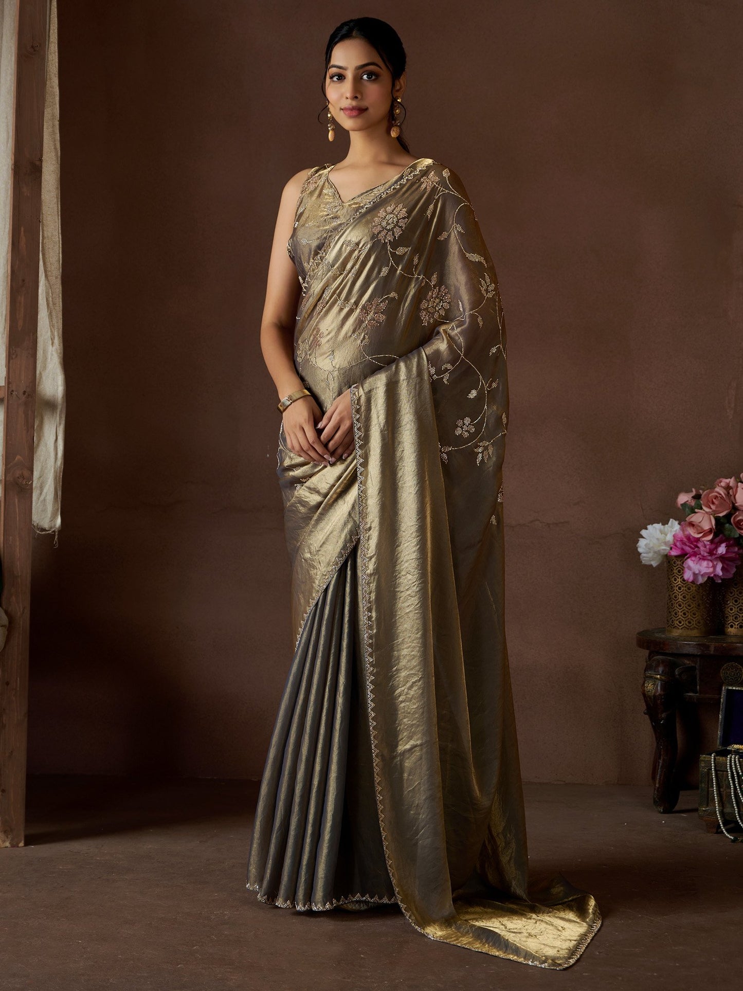 Grey Gold Party Wear Pure Silk Embellished Saree