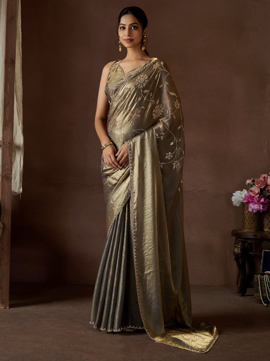 Grey Gold Party Wear Pure Silk Embellished Saree