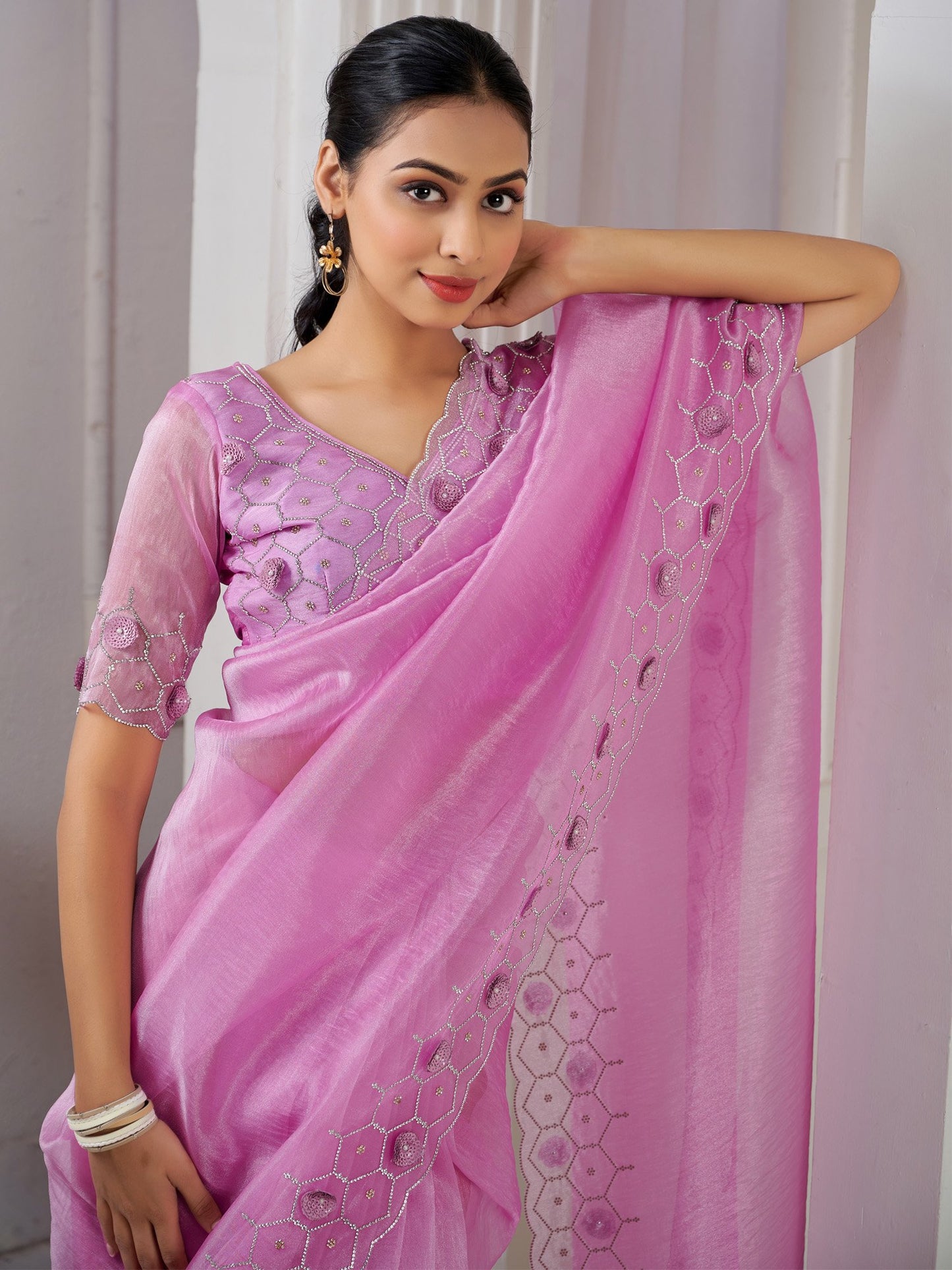 Pink Party Wear Organza Embellished Saree