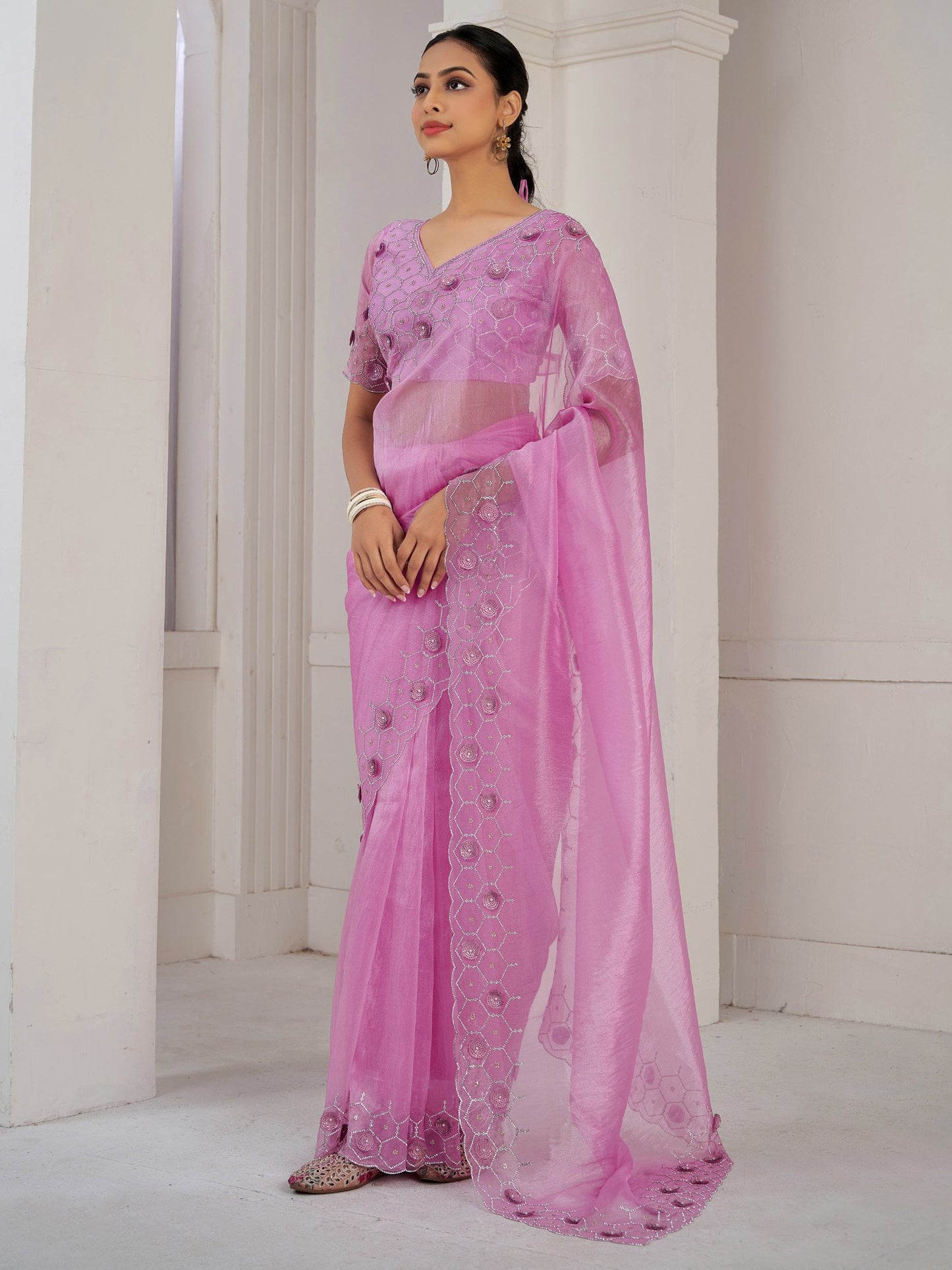 Pink Pink Party Wear Organza Embellished Saree