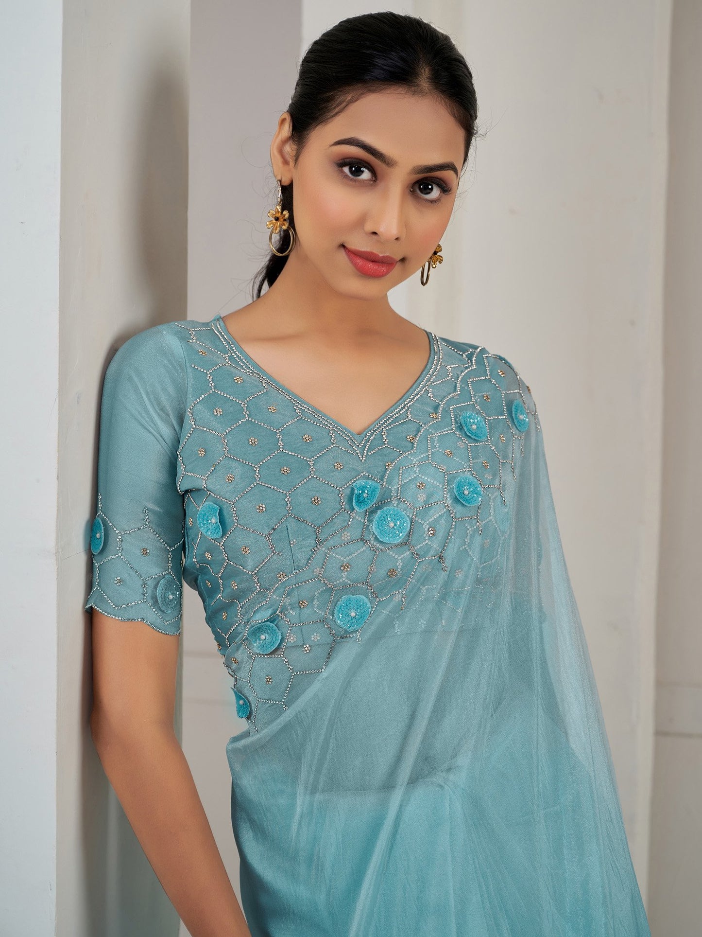 Light Party Wear Organza Embellished Saree