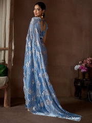 Blue Party Wear Pure Silk Printed Saree - The Dori Store