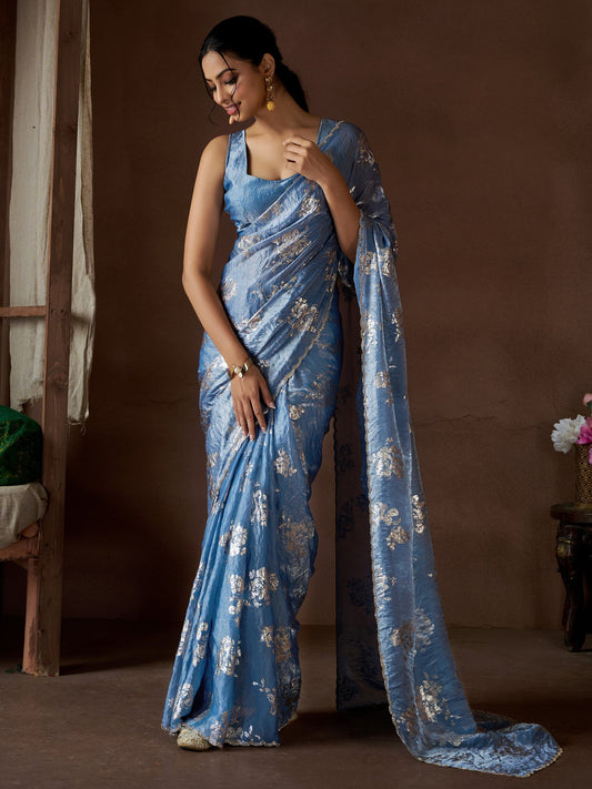 Blue Blue Party Wear Pure Silk Printed Saree