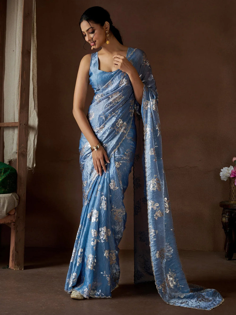 Blue Party Wear Pure Silk Printed Saree - The Dori Store