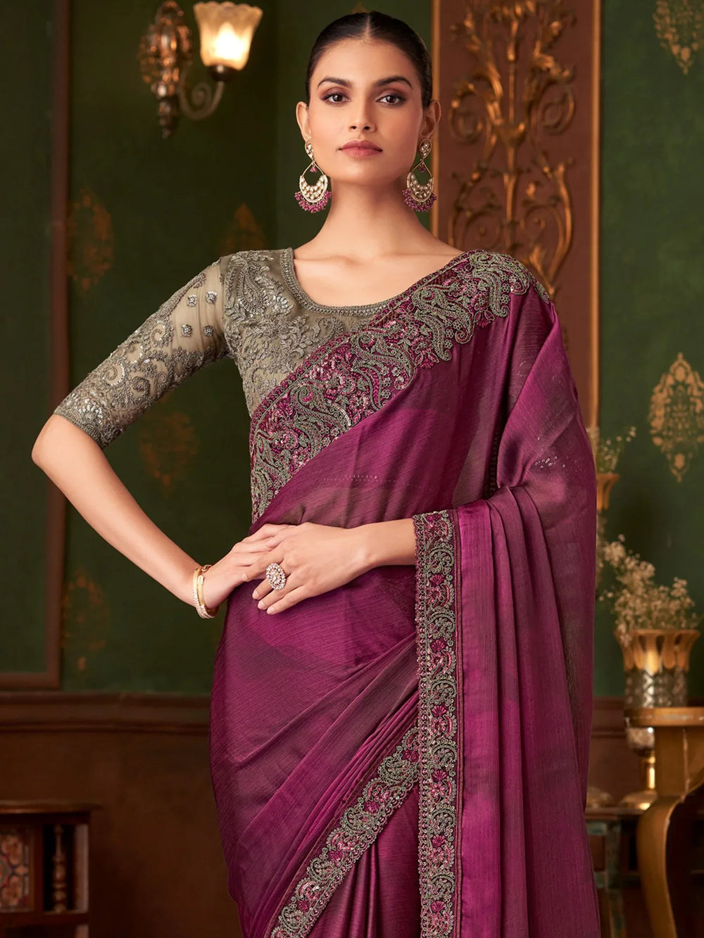 Magenta Party Wear Chiffon Embellished Saree - The Dori Store
