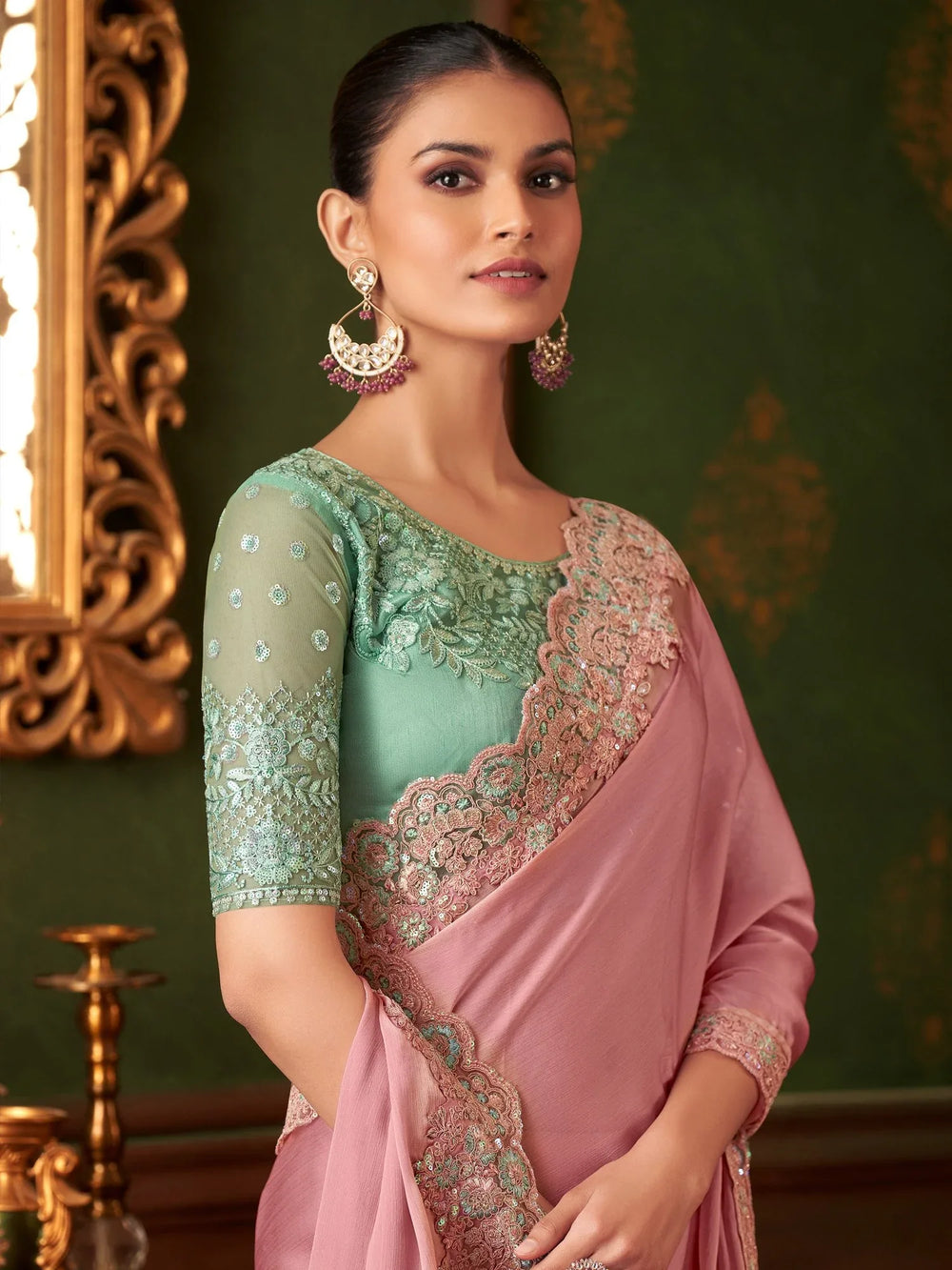 Mauve Party Wear Chiffon Embellished Saree - The Dori Store