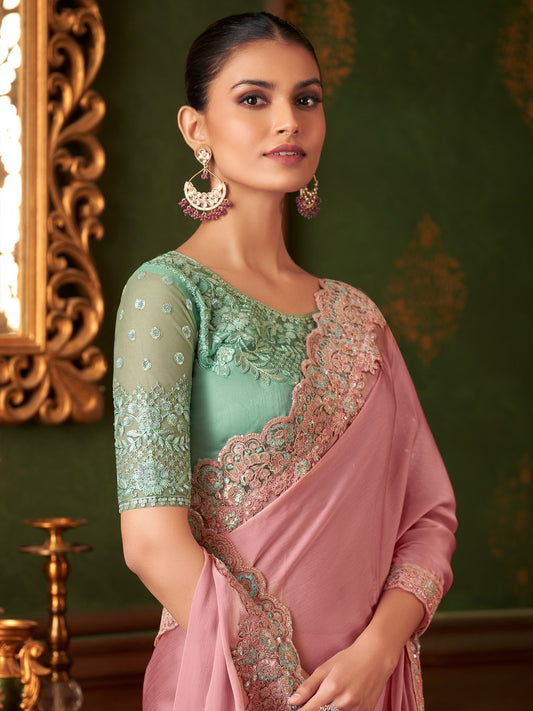 Pink Mauve Party Wear Chiffon Embellished Saree