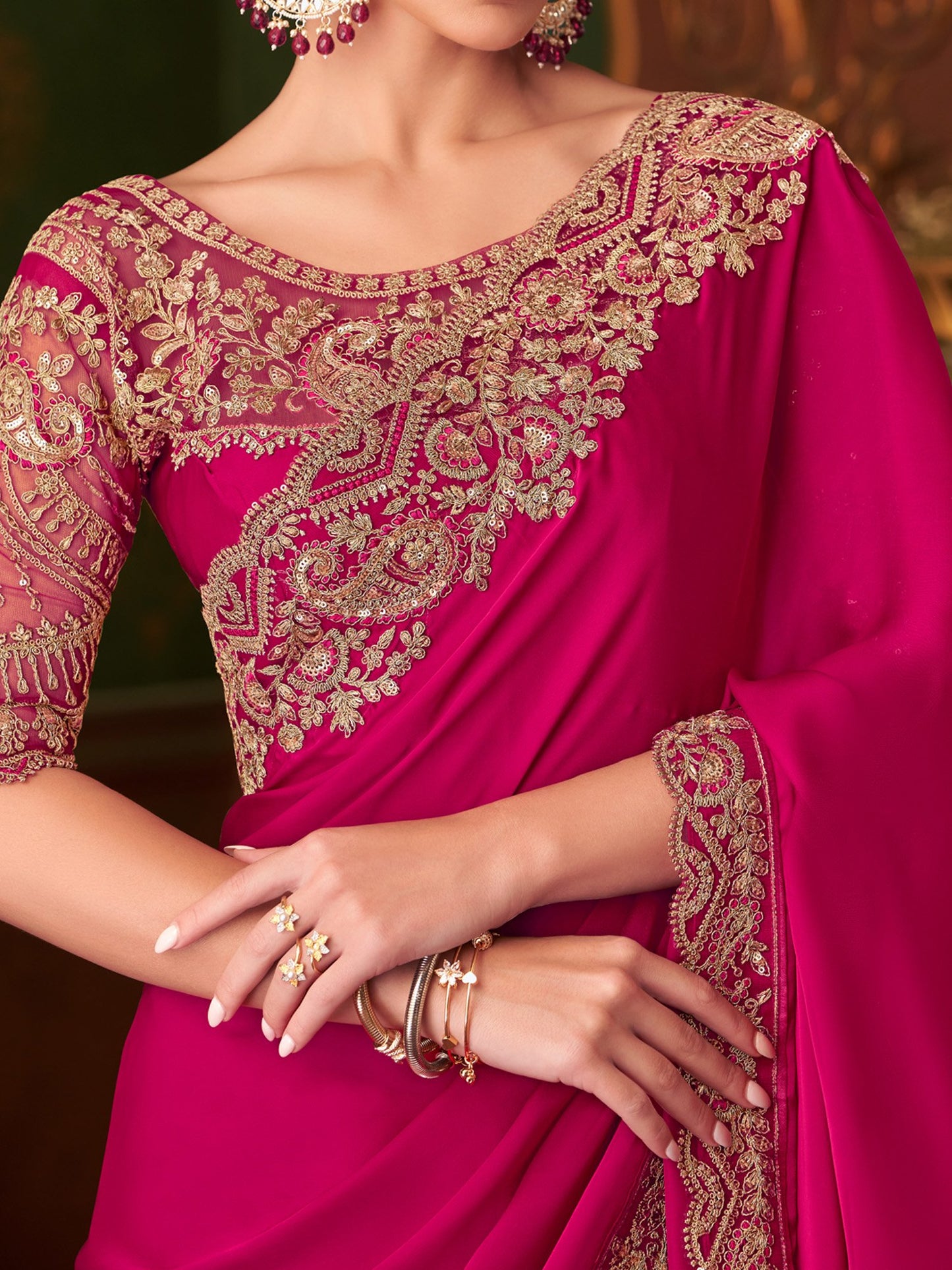 Pink Party Wear Satin Silk Embellished Saree