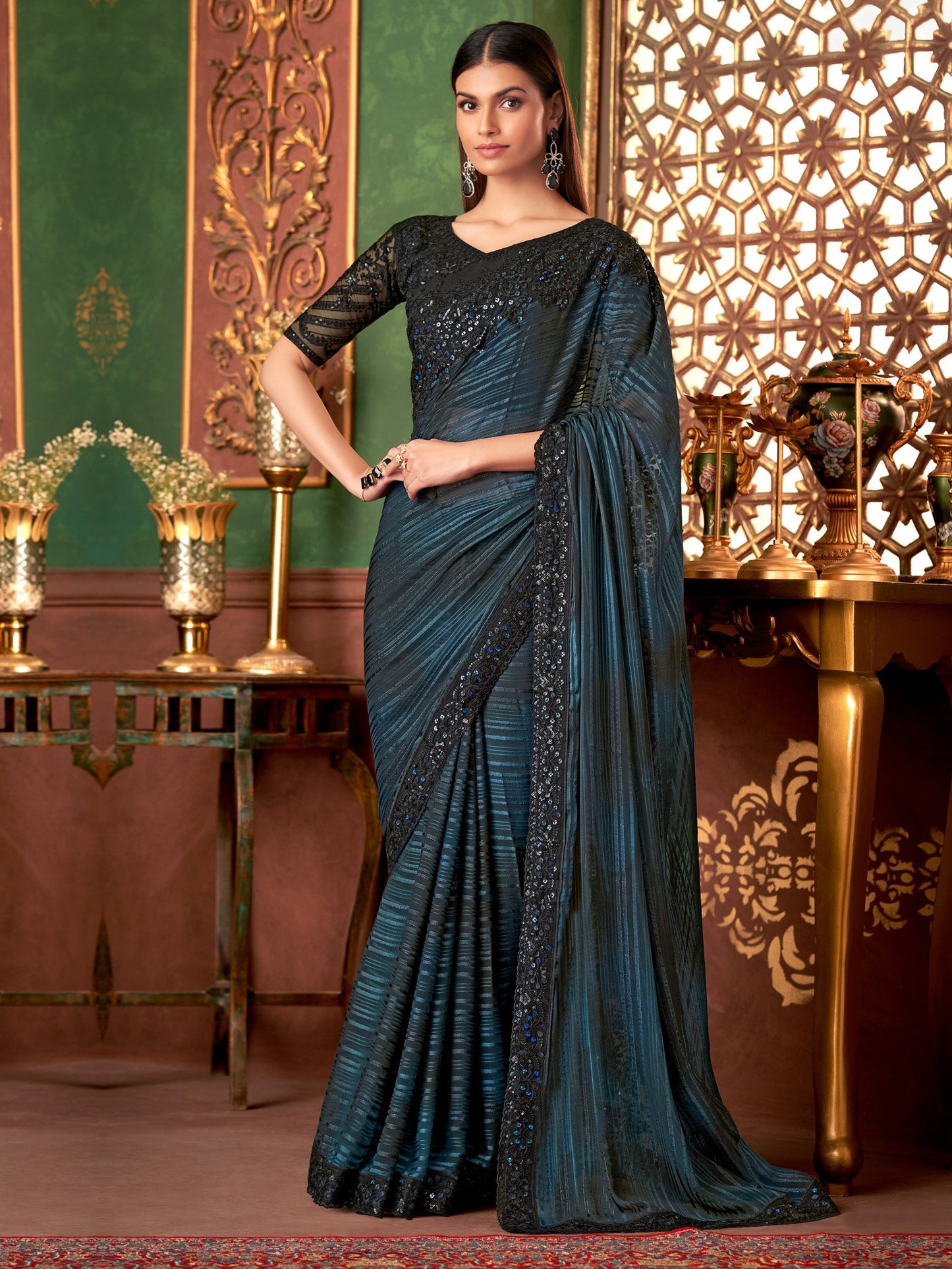 Teal Party Wear Pure Georgette Embellished Saree