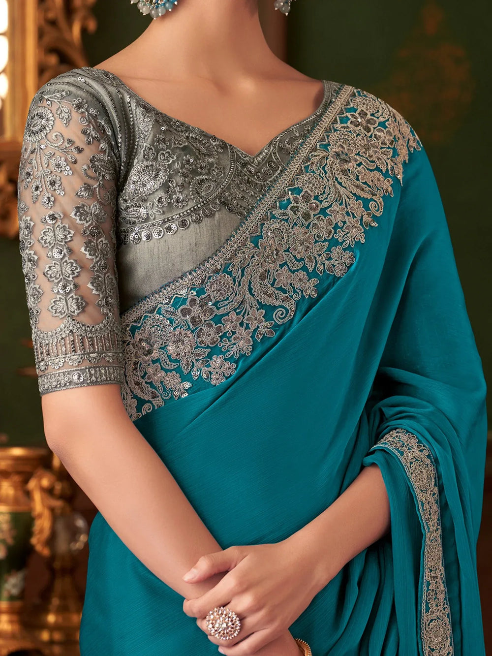 Blue Party Wear Chiffon Embellished Saree - The Dori Store