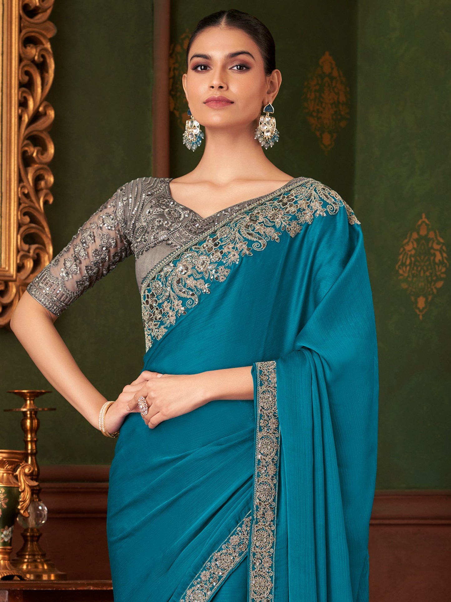 Blue Party Wear Chiffon Embellished Saree