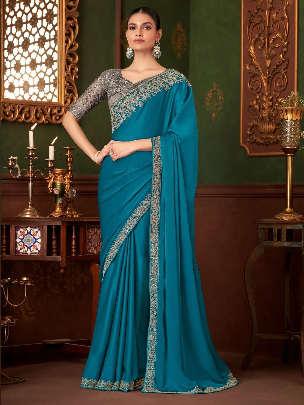 Blue Party Wear Chiffon Embellished Saree - The Dori Store