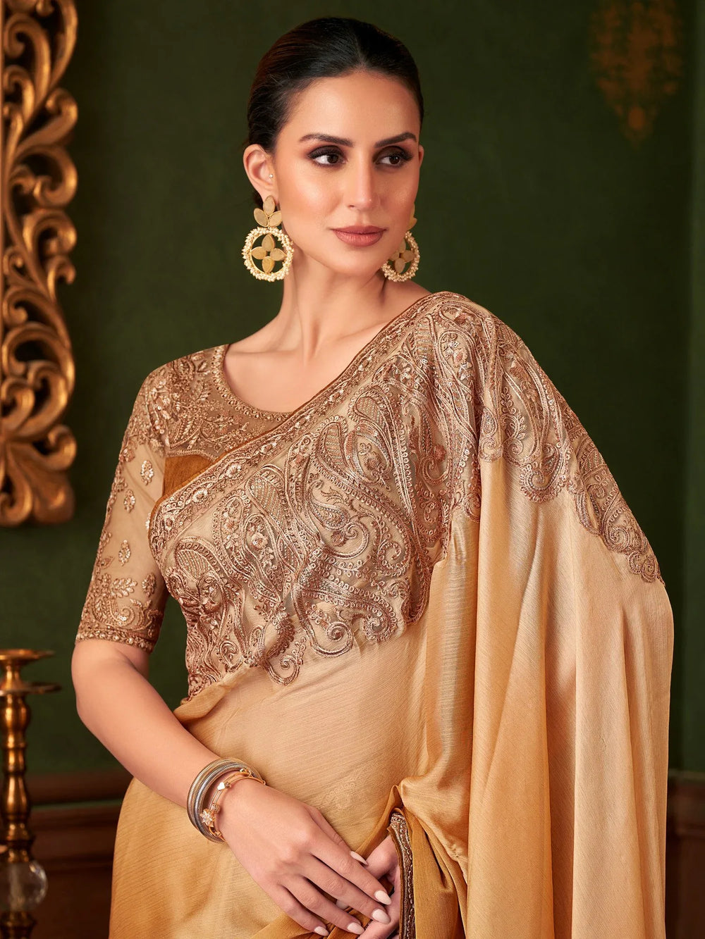 Beige Party Wear Chiffon Embellished Saree - The Dori Store