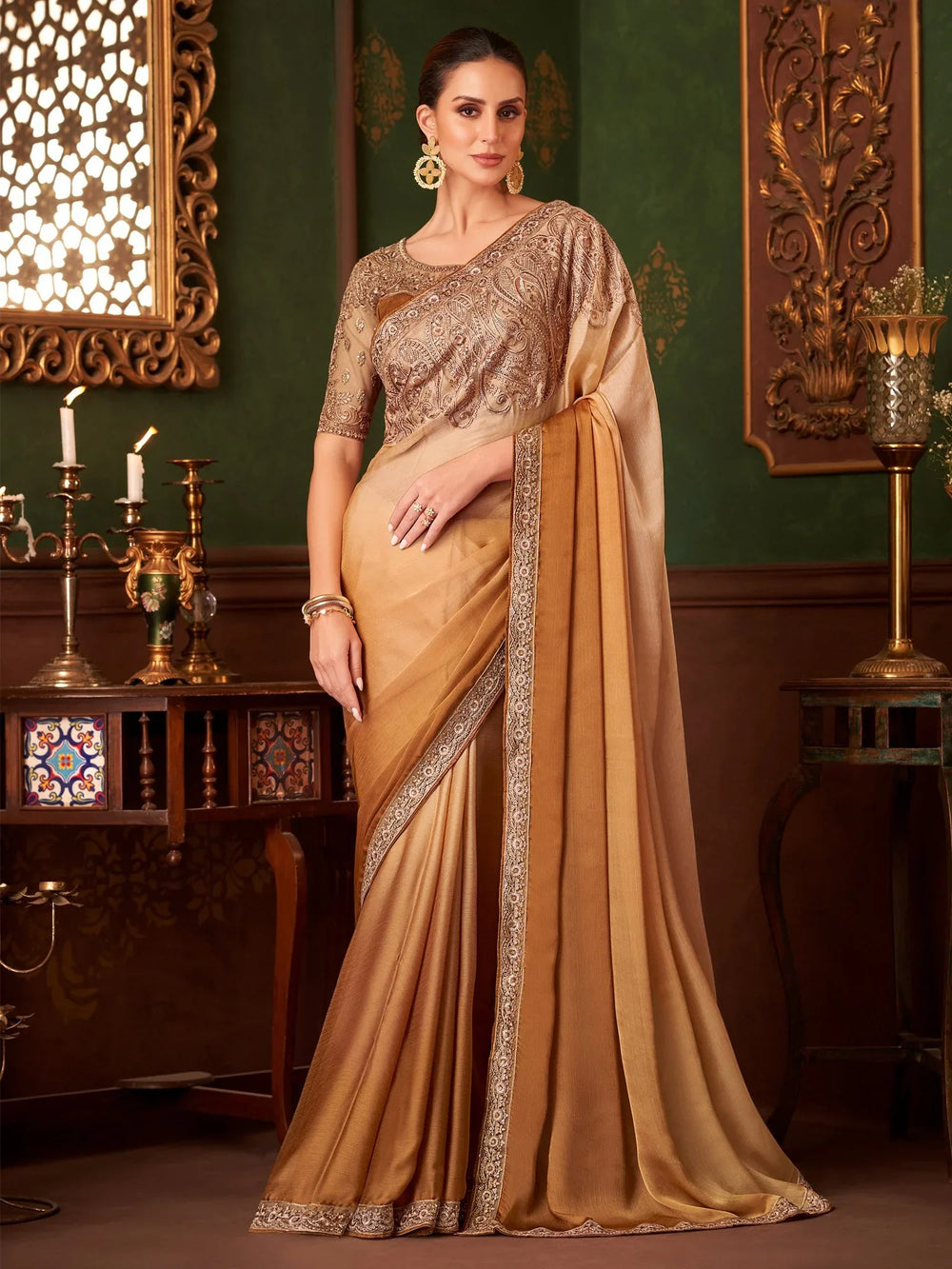Beige Party Wear Chiffon Embellished Saree - The Dori Store