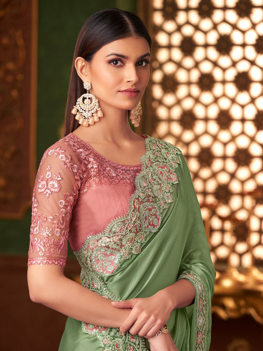 Green Light Party Wear Satin Silk Embellished Saree