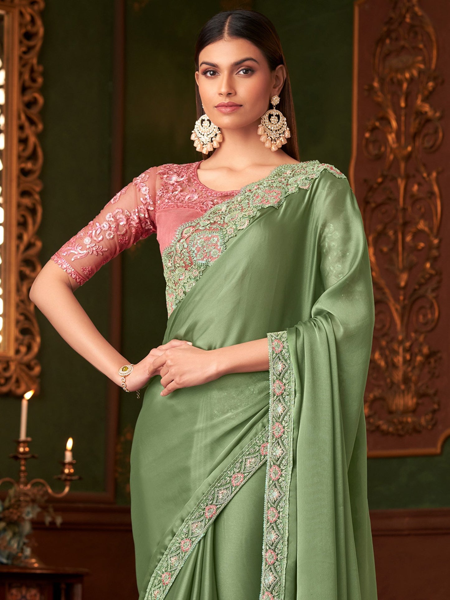 Light Party Wear Satin Silk Embellished Saree