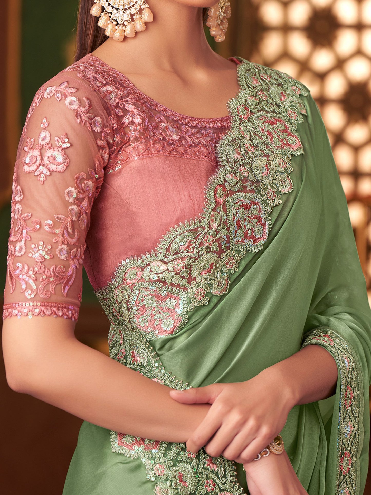Light Party Wear Satin Silk Embellished Saree