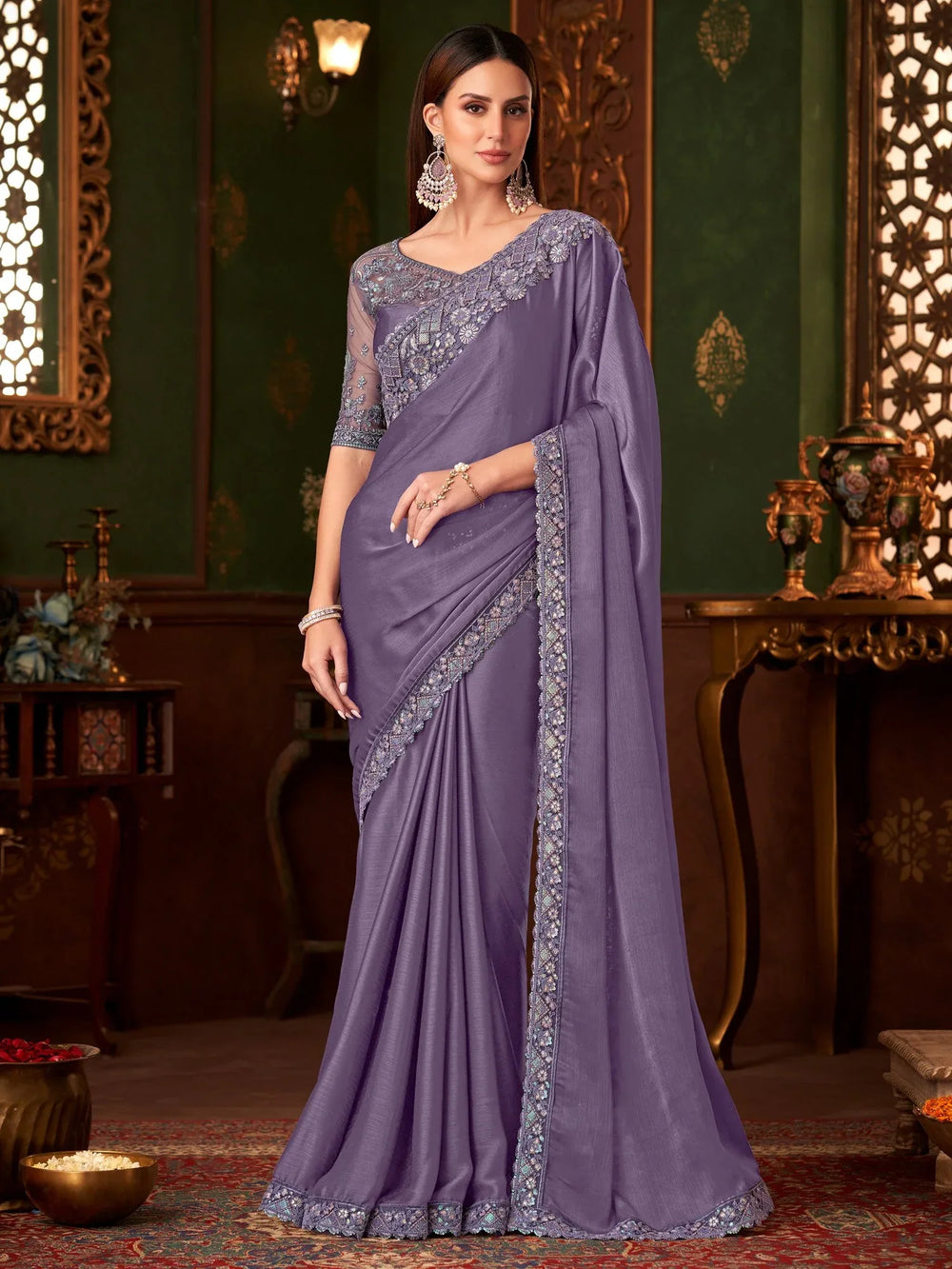 Violet Party Wear Chiffon Embellished Saree - The Dori Store