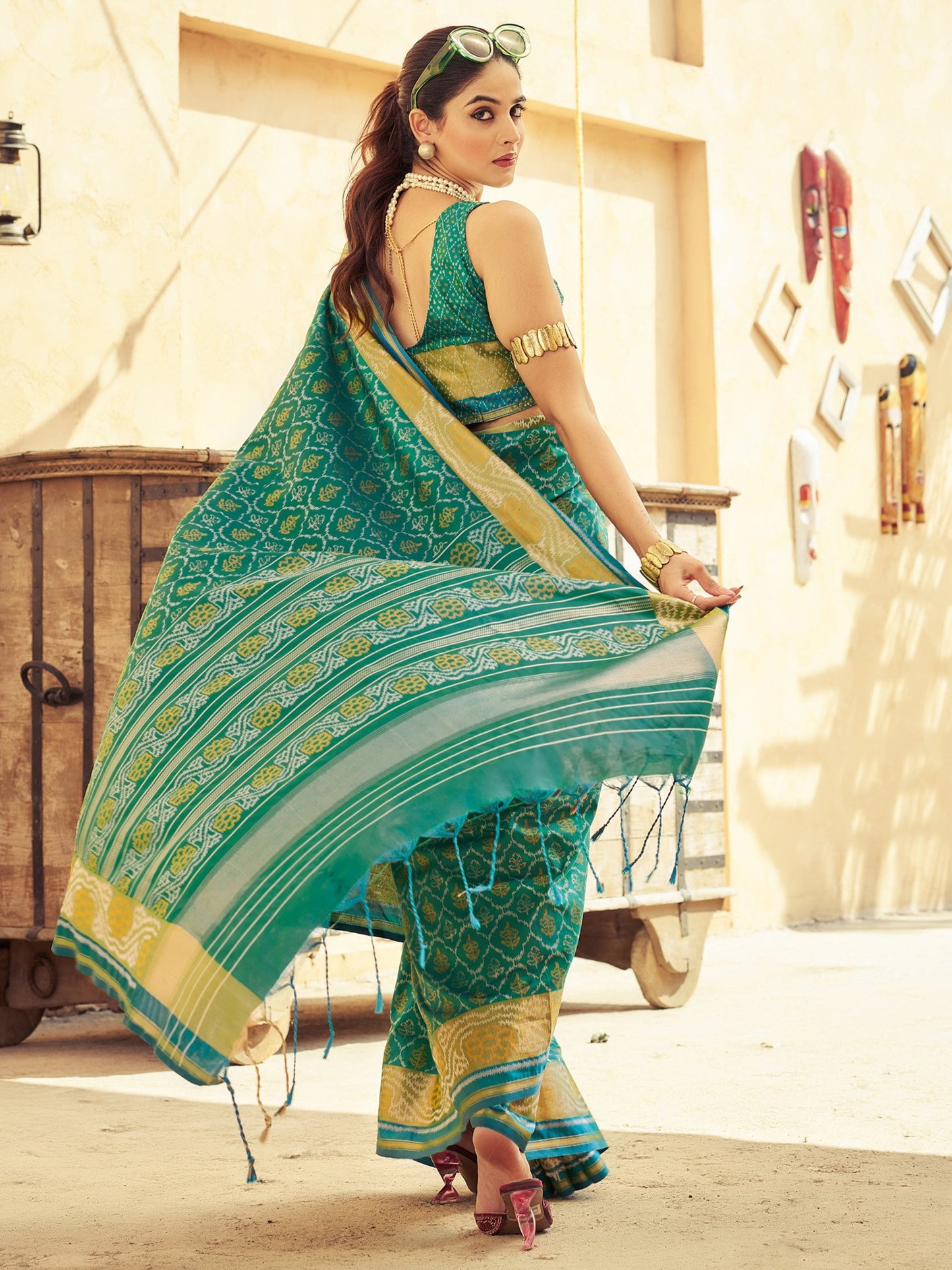 Teal Pochampally Soft Silk Woven Saree