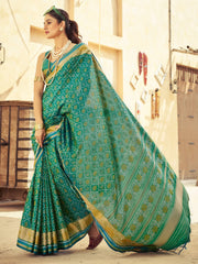Teal Green Pochampally Soft Silk Woven Saree - The Dori Store
