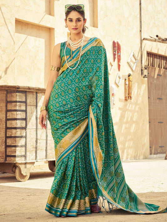 Green Teal Pochampally Soft Silk Woven Saree
