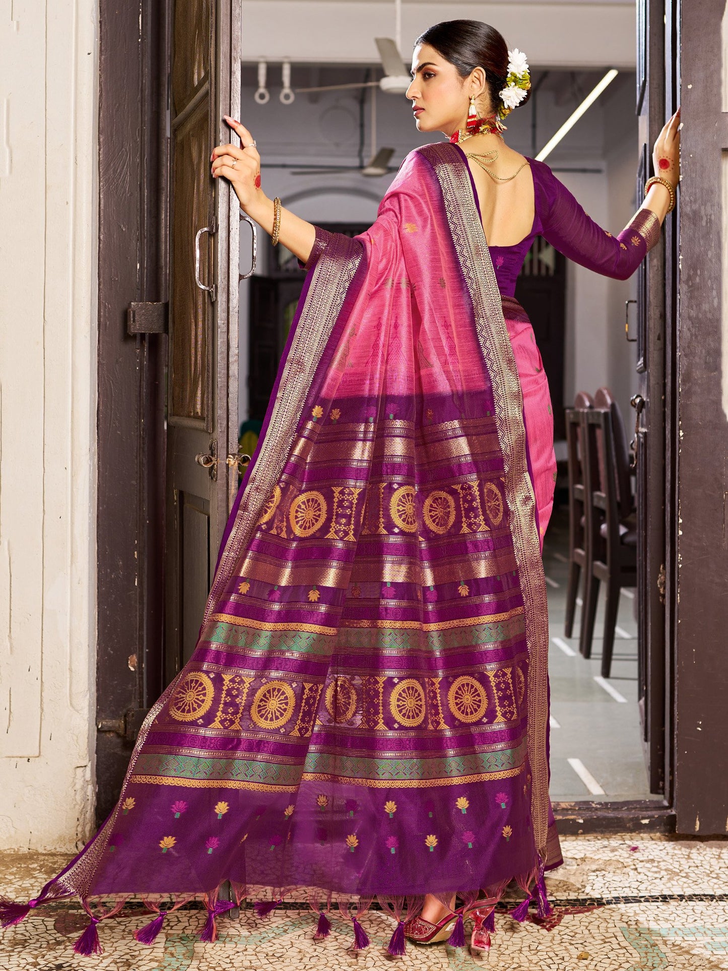 Pink Banarasi Raw Silk Woven Saree