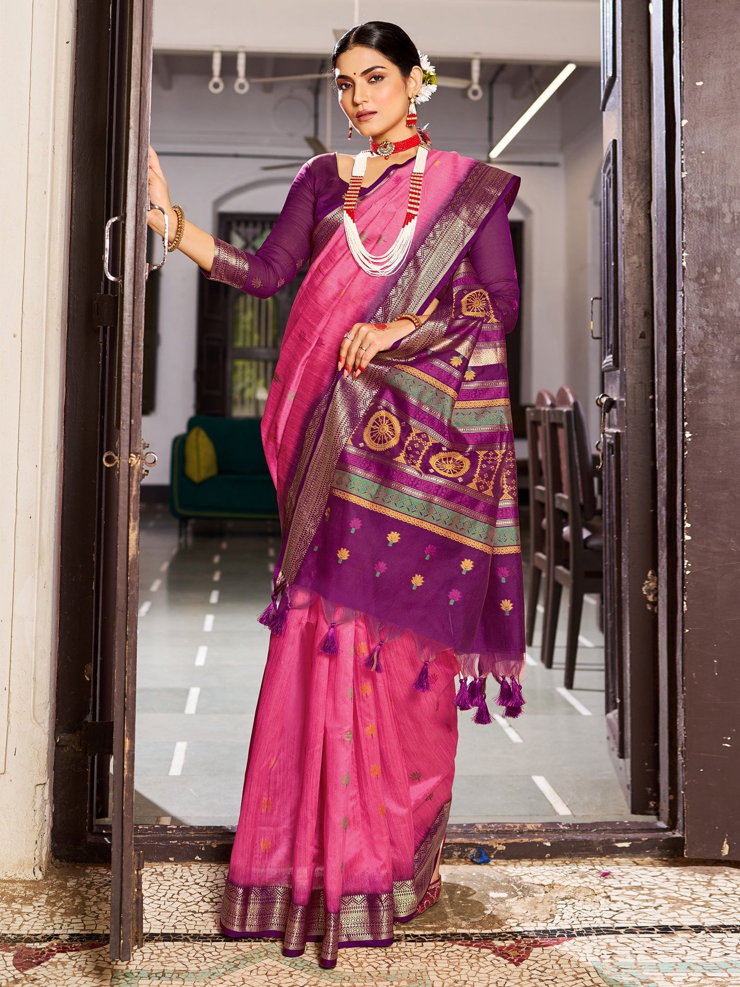 Pink Banarasi Raw Silk Woven Saree