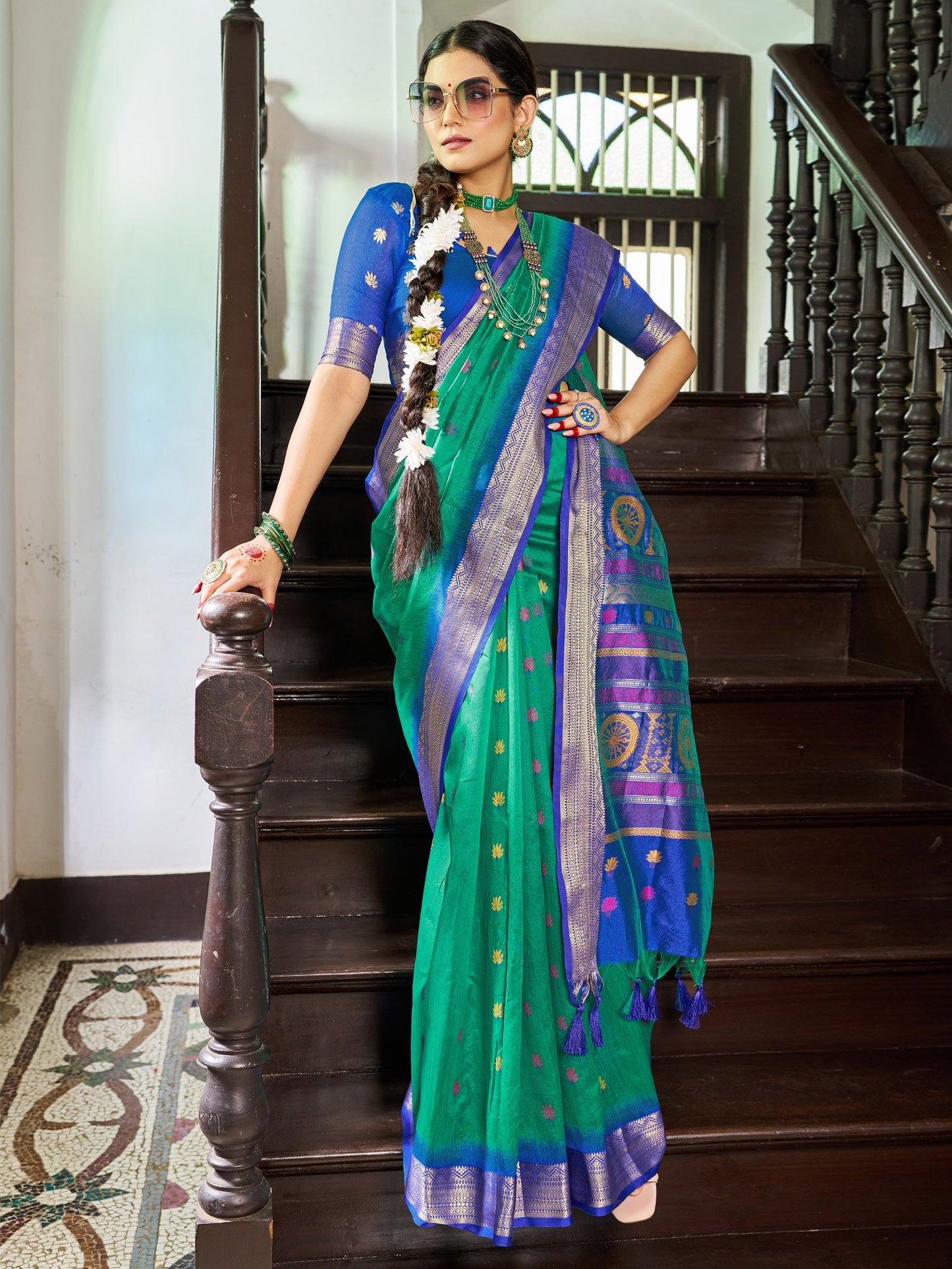 Green Banarasi Raw Silk Woven Saree