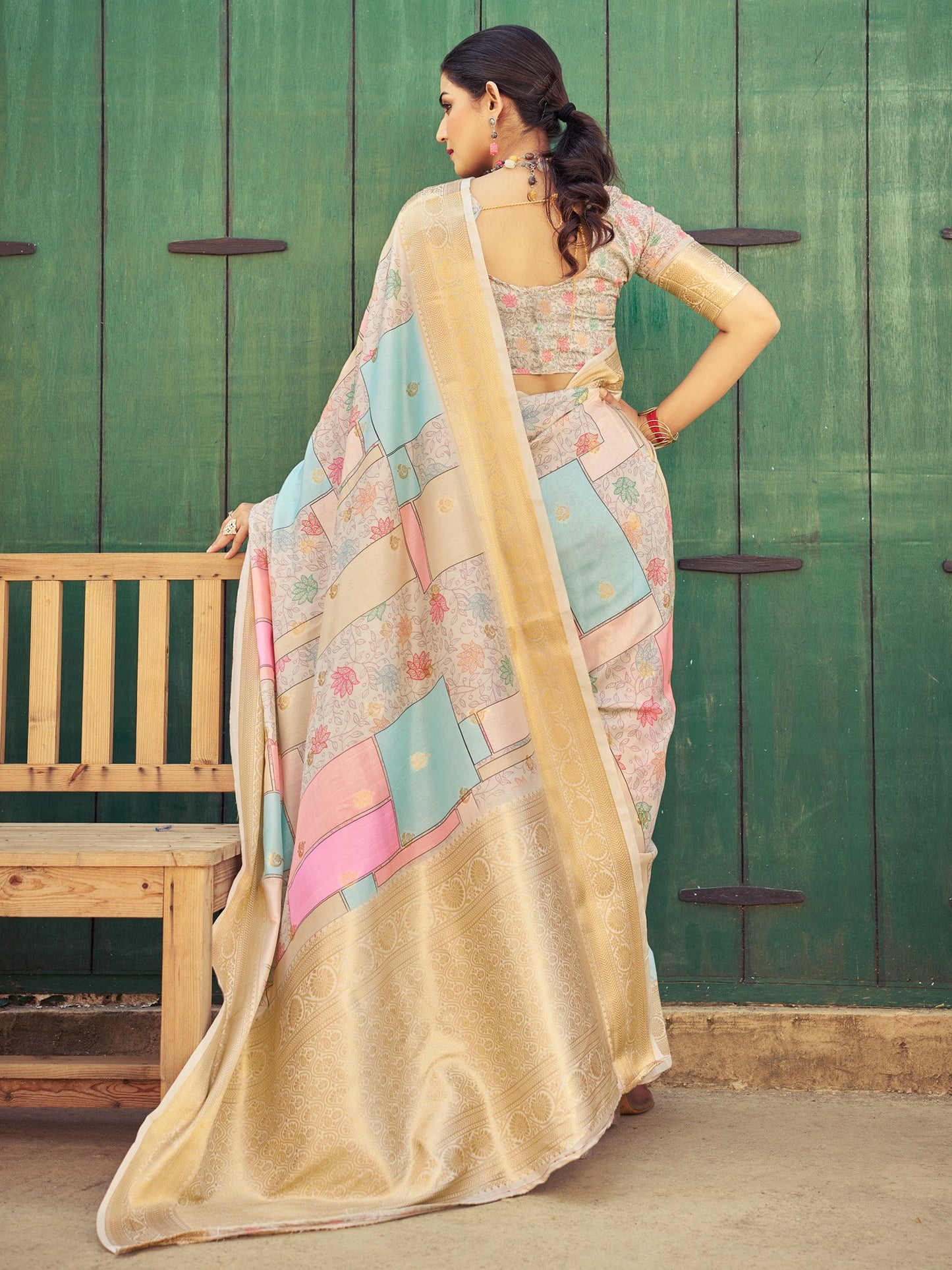 Multicolored Block Print Silk Blend Woven Saree