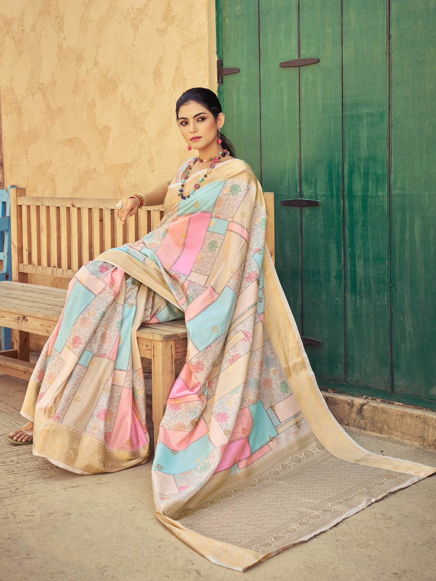 Multicolored Block Print Silk Blend Woven Saree