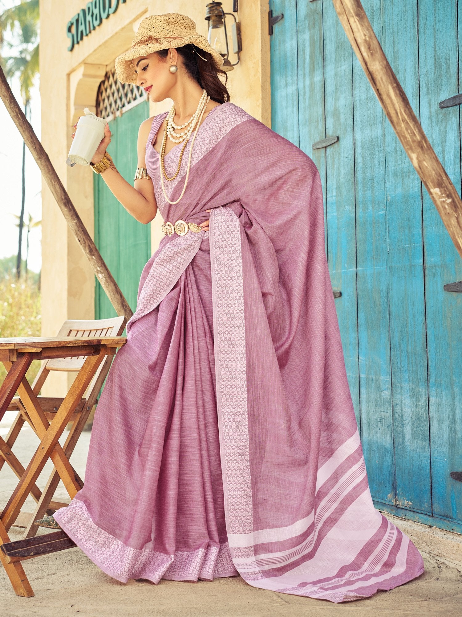 Pink Mauve Party Wear Cotton Blend Woven Saree