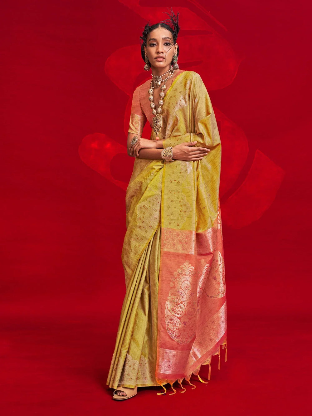Yellow Banarasi Tussar Silk Woven Saree - The Dori Store