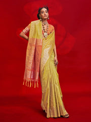 Yellow Banarasi Tussar Silk Woven Saree - The Dori Store