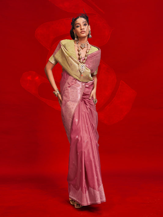 Pink Pink Banarasi Tussar Silk Woven Saree