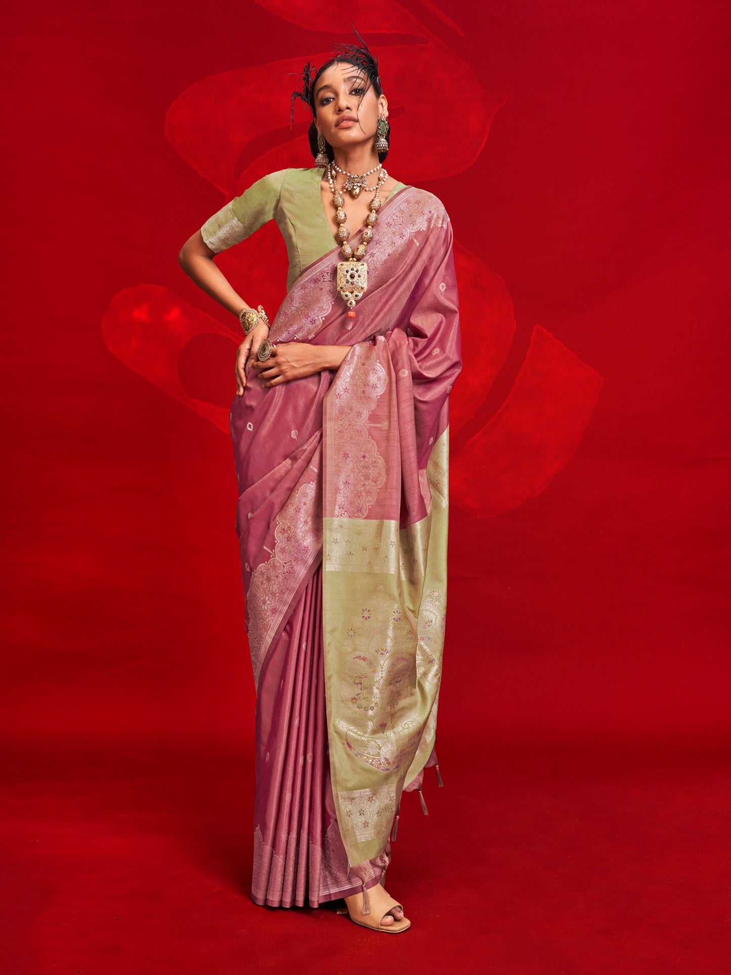Pink Banarasi Tussar Silk Woven Saree