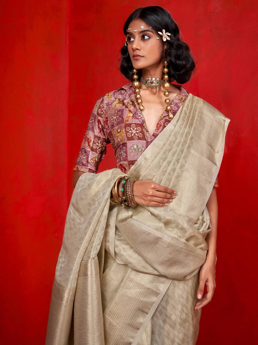 Cream Party Wear Tissue Woven Saree - The Dori Store