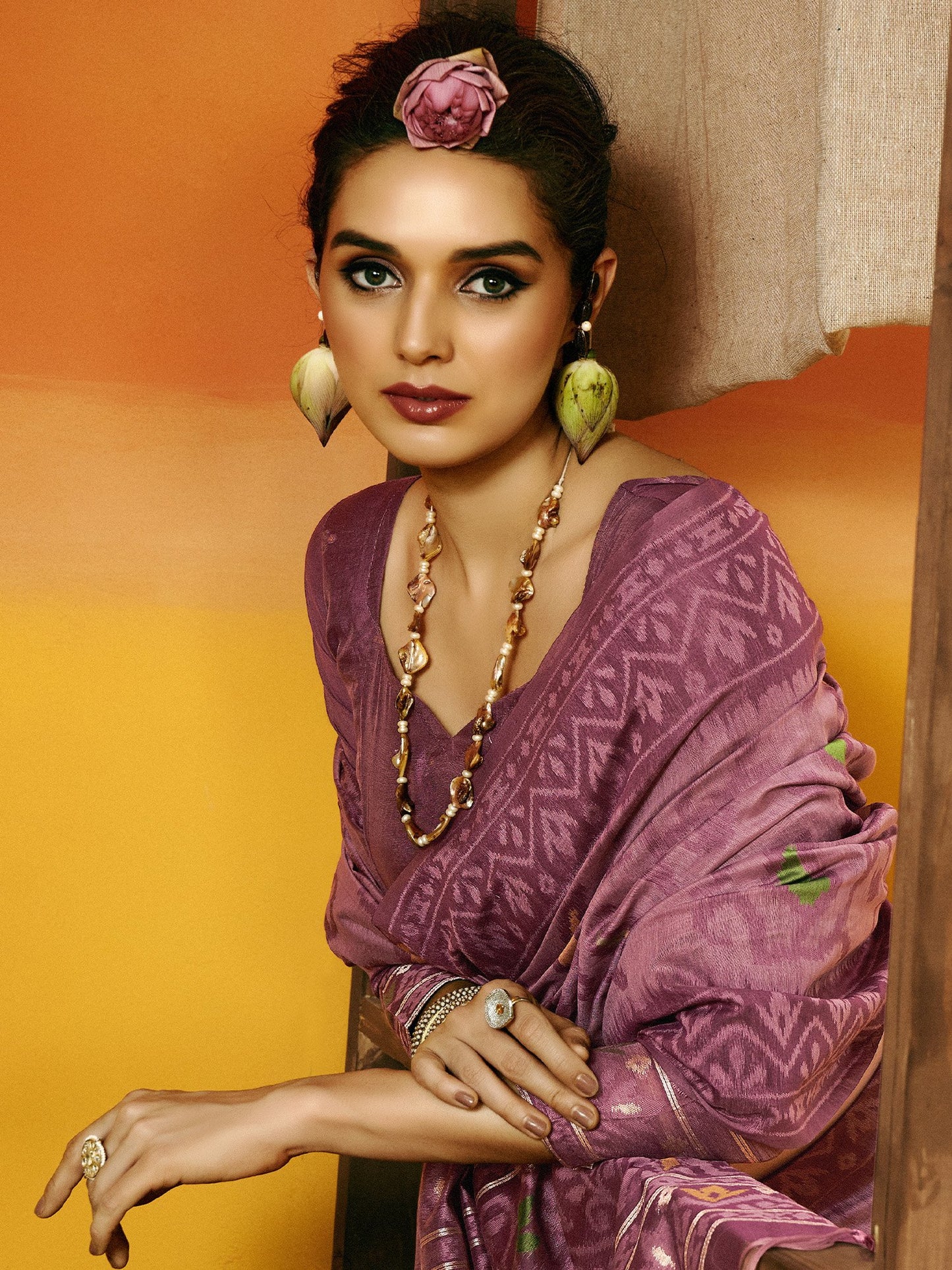 Mauve Ikat Cotton Blend Woven Saree
