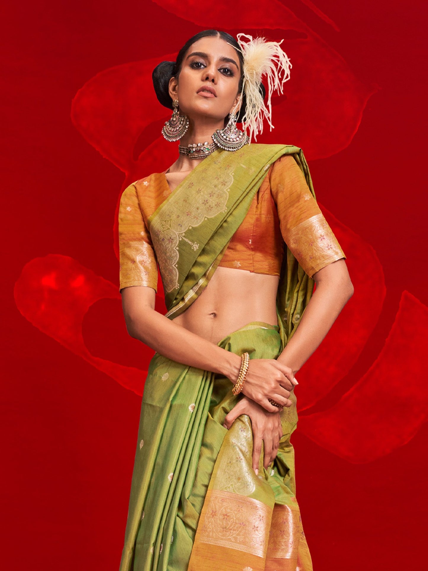 Green Banarasi Tussar Silk Woven Saree