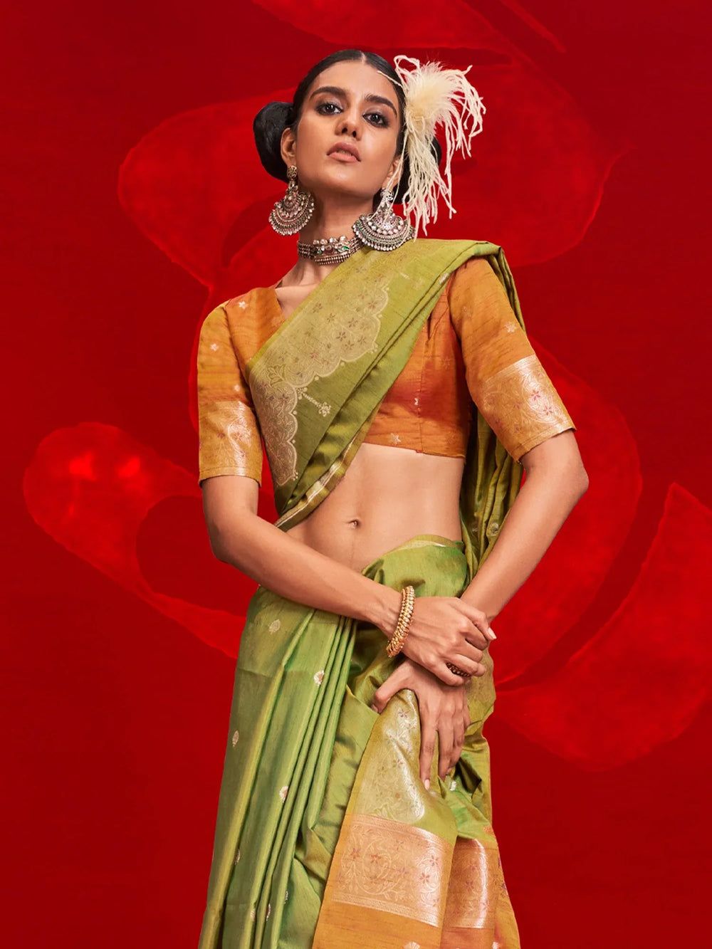 Green Banarasi Tussar Silk Woven Saree - The Dori Store