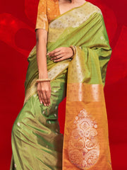 Green Banarasi Tussar Silk Woven Saree - The Dori Store
