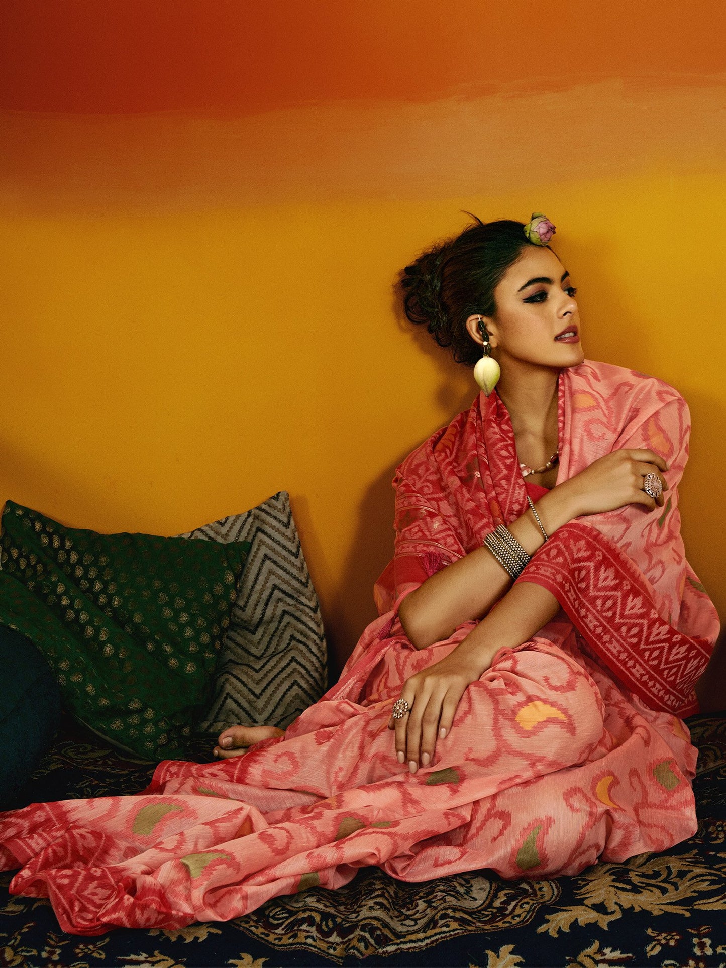 Peach Ikat Cotton Blend Woven Saree