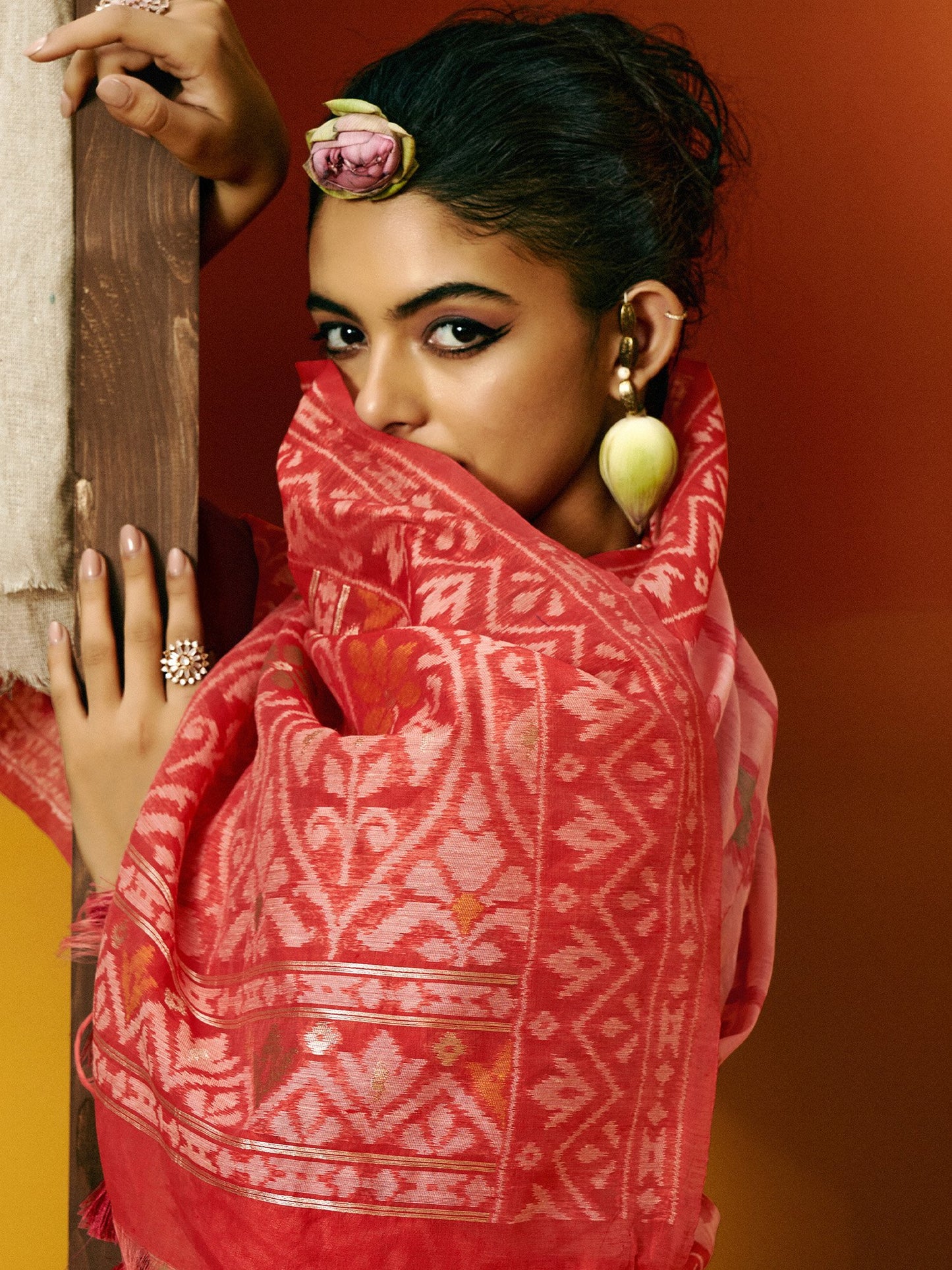 Peach Ikat Cotton Blend Woven Saree